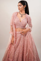 Blossom Pink Net Lehenga featuring Hand-Embellished V-Neck Blouse with Hanging Beads