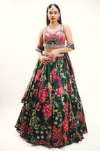 Emerald Green Printed Organza Lehenga featuring Sunburst Sequin and Diamond Bustier