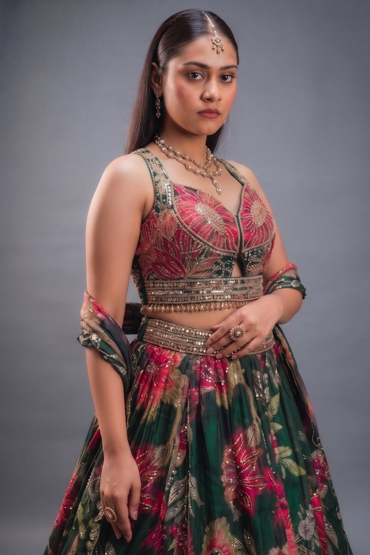 Emerald Green Printed Organza Lehenga featuring Sunburst Sequin and Diamond Bustier