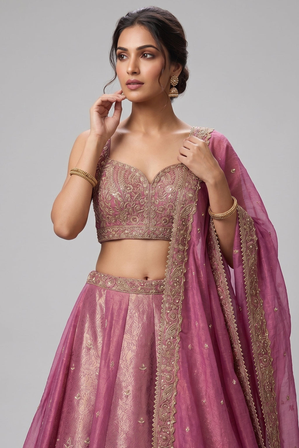 Pink Tissue Woven Panelled Lehenga