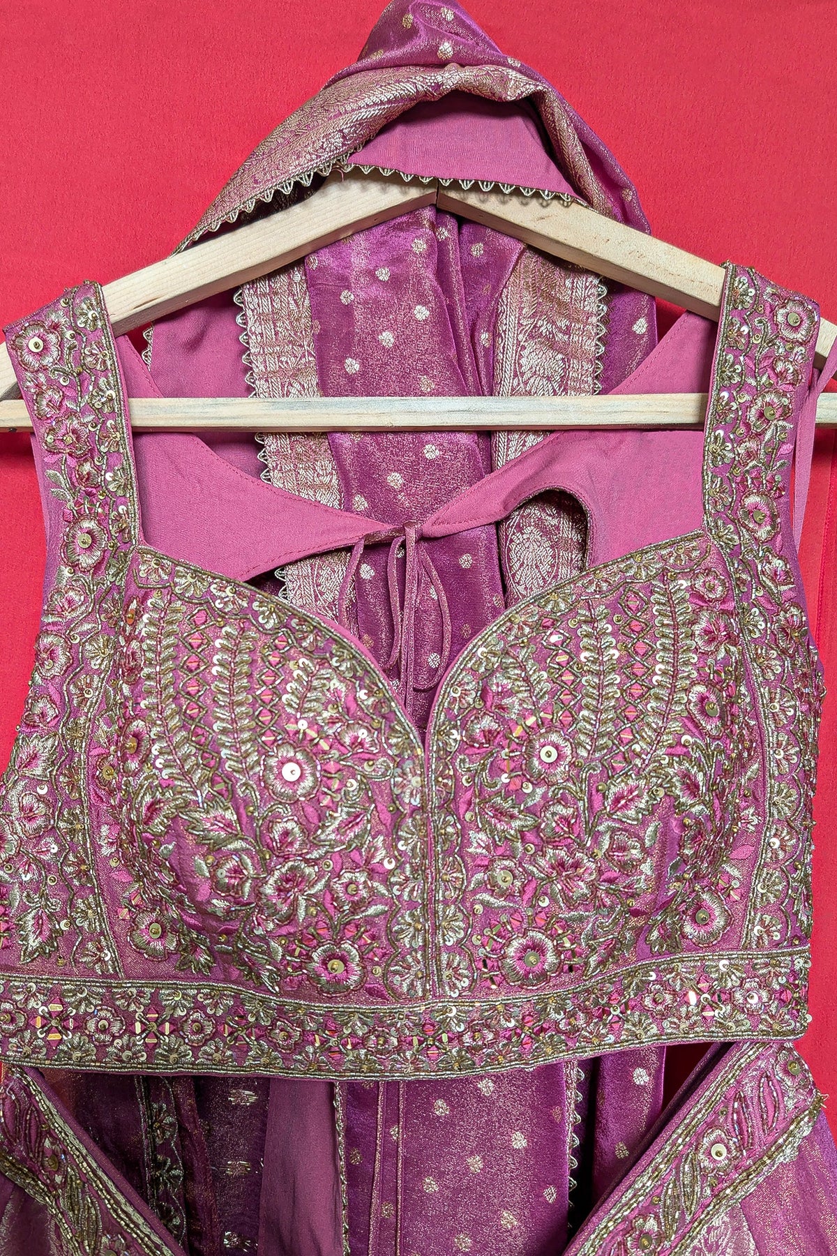 Pink Tissue Woven Panelled Lehenga