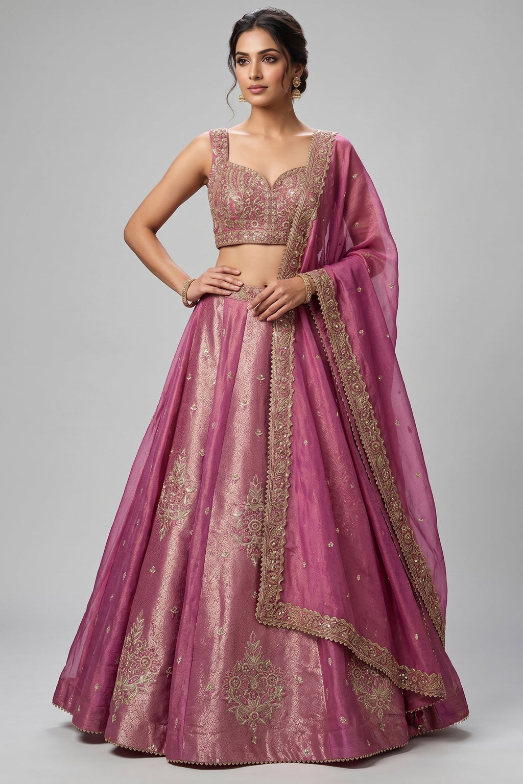 Pink Tissue Woven Panelled Lehenga