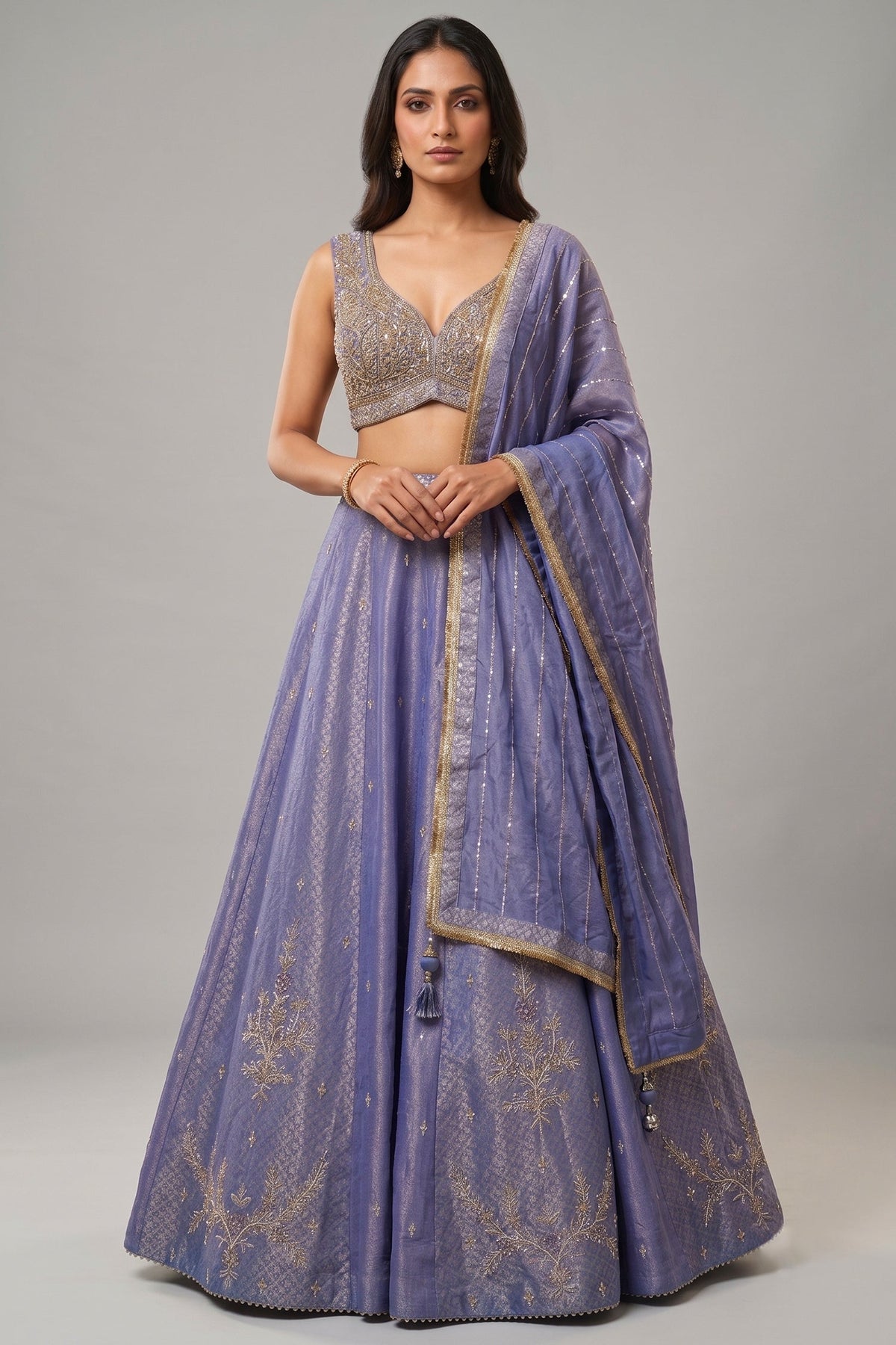 Lavender Purple Tissue Silk Panelled Lehenga