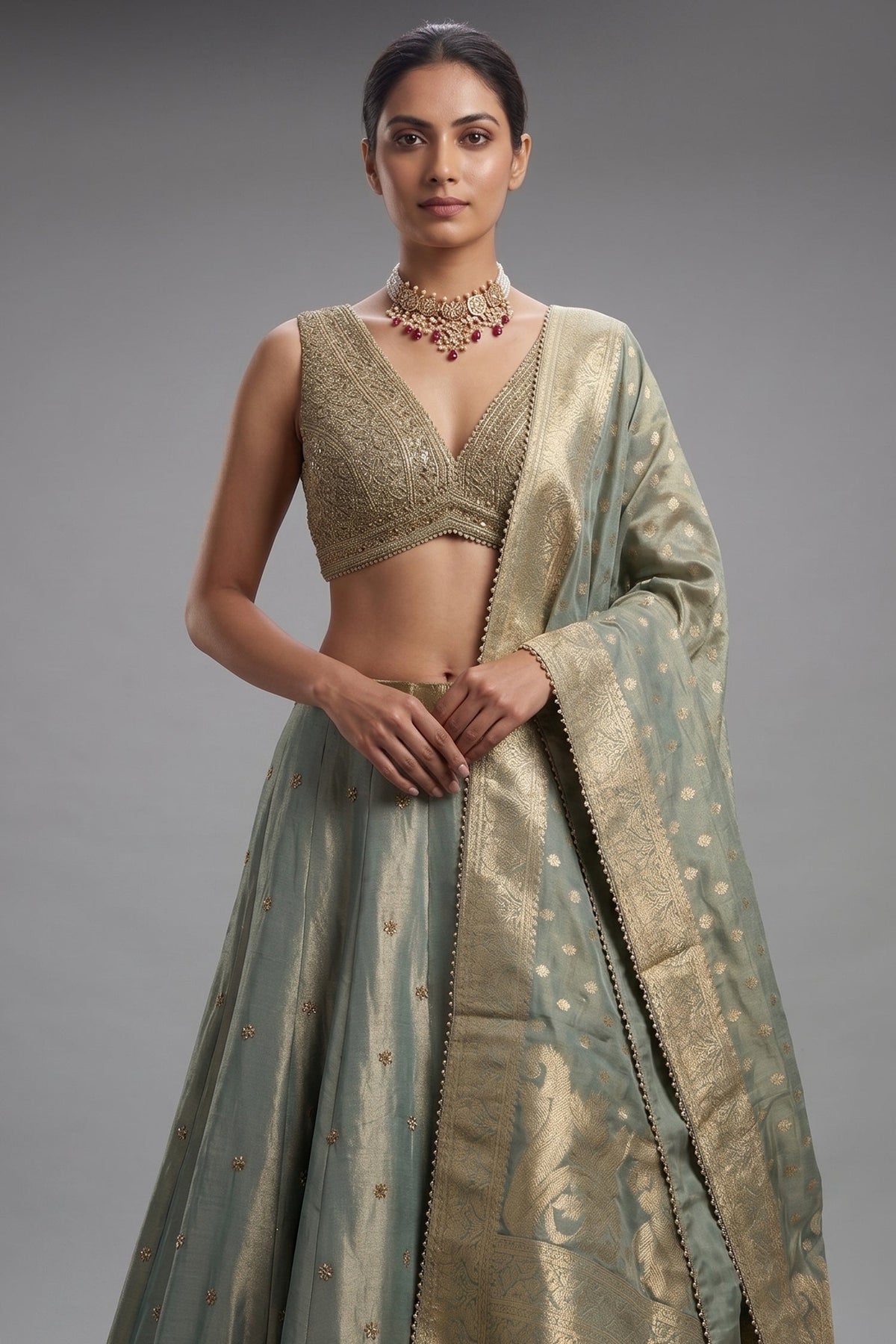 Mint Green Tissue Sequin Embroidered Lehenga
