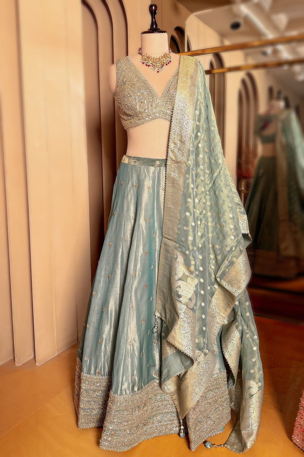 Mint Green Tissue Sequin Embroidered Lehenga