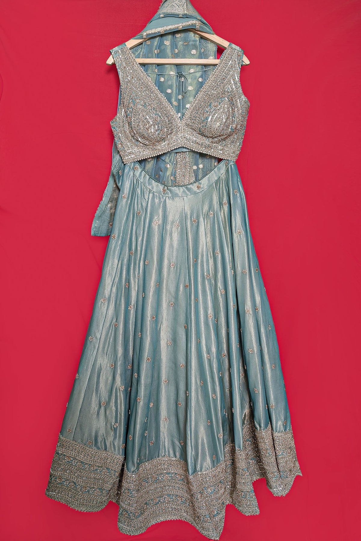 Mint Green Tissue Sequin Embroidered Lehenga