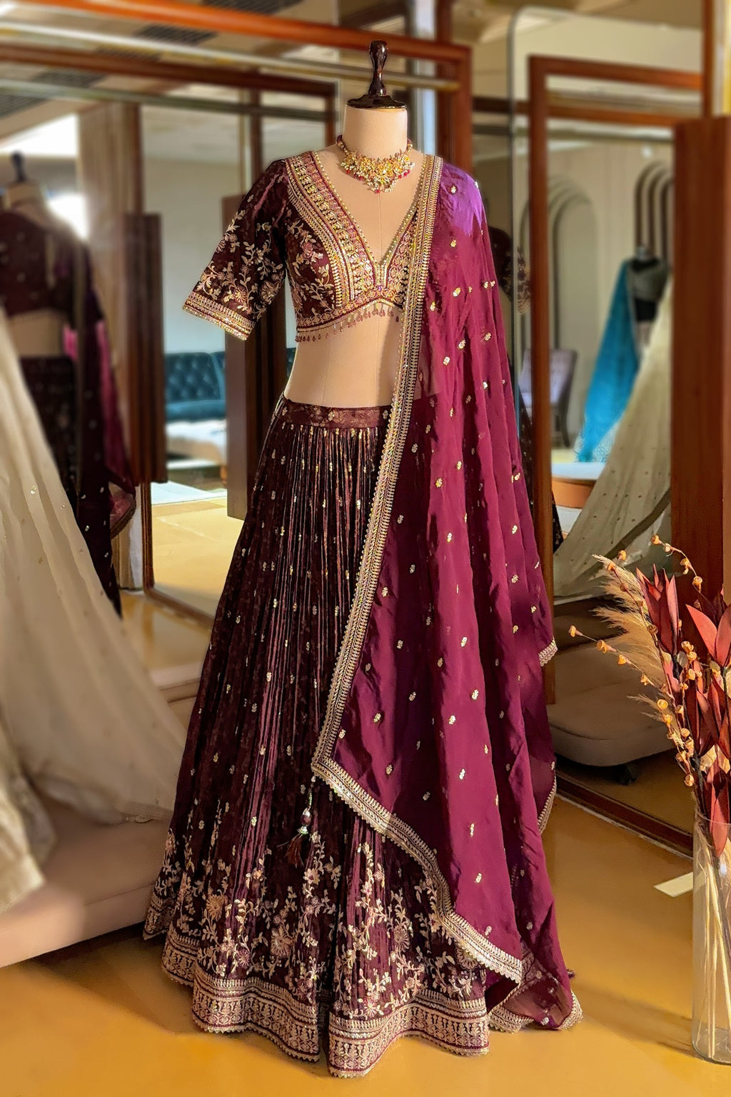 Wine Purple Tissue Woven Lehenga with Embroidery Work