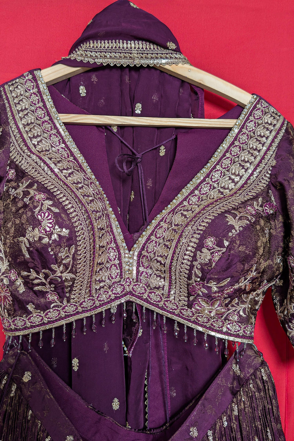 Wine Purple Tissue Woven Lehenga with Embroidery Work