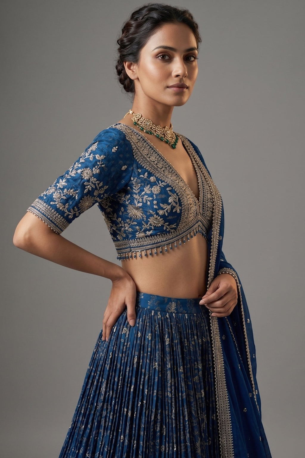 Blue Tissue Woven Lehenga with Embroidery Work