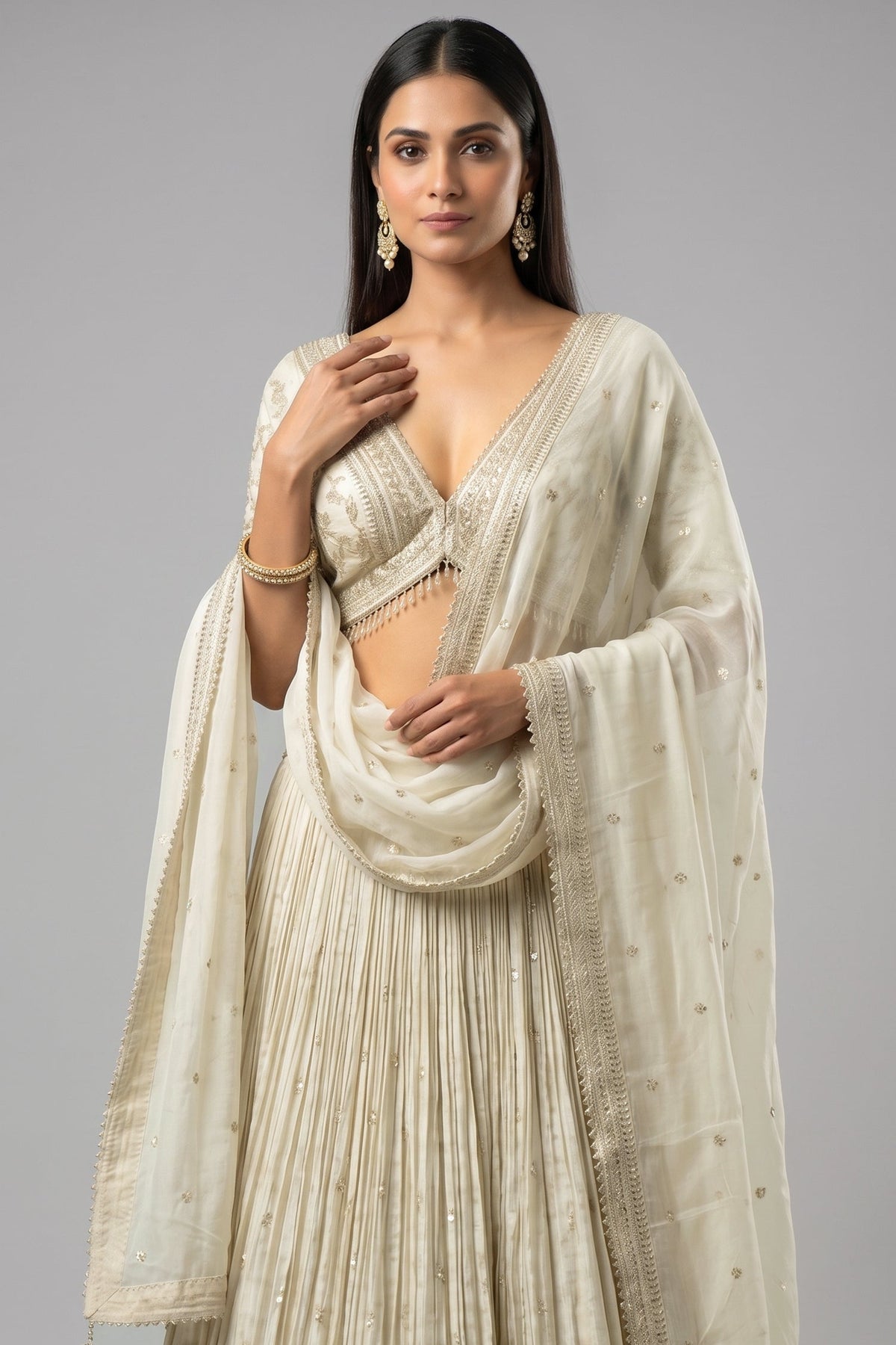Cream Tissue Woven Lehenga with Embroidery Work