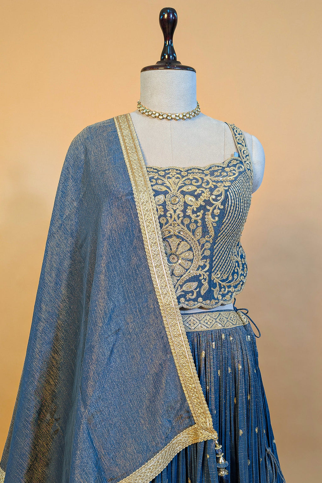 Blue Tissue Sequin Embroidered Lehenga