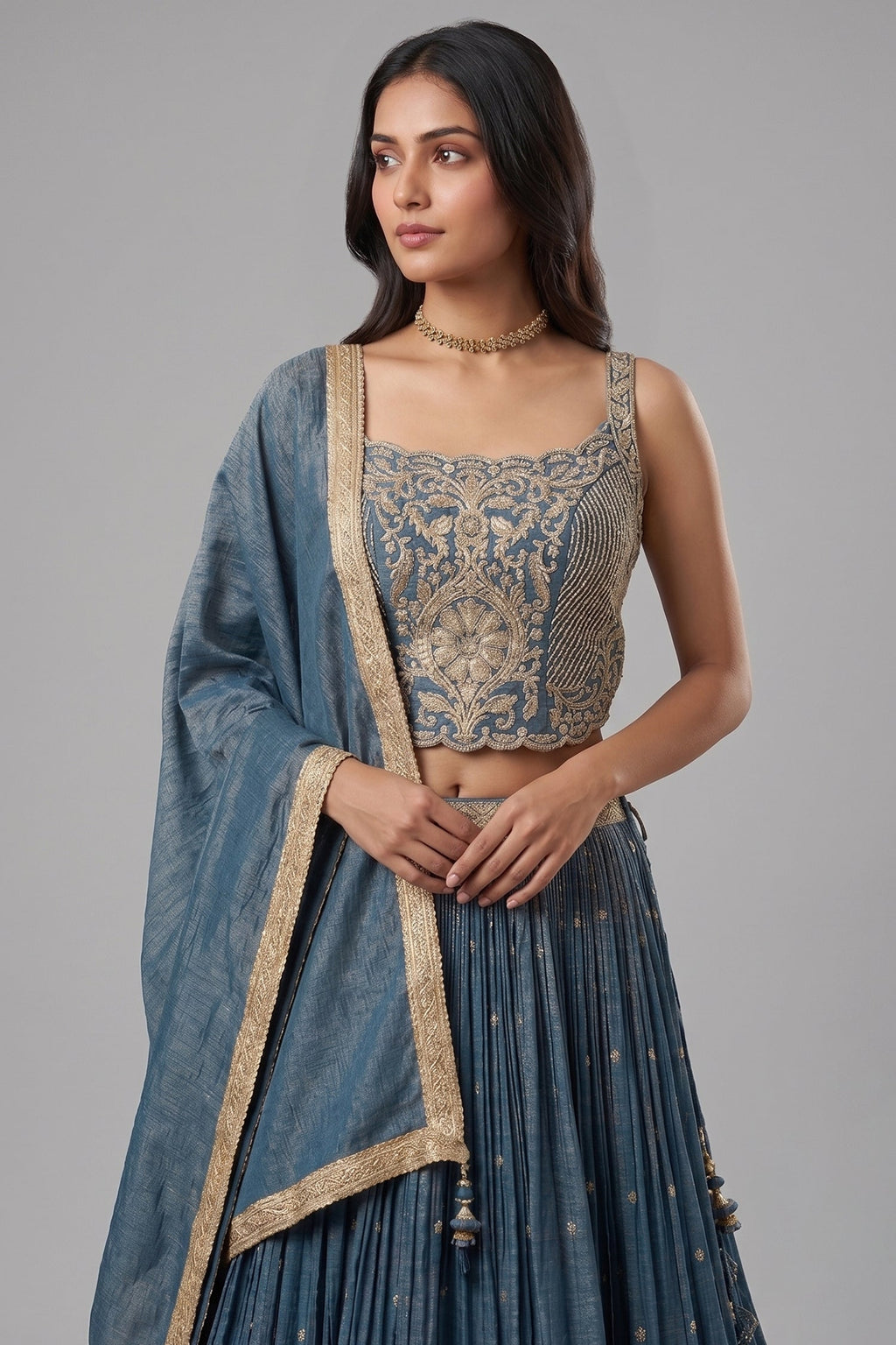 Blue Tissue Sequin Embroidered Lehenga