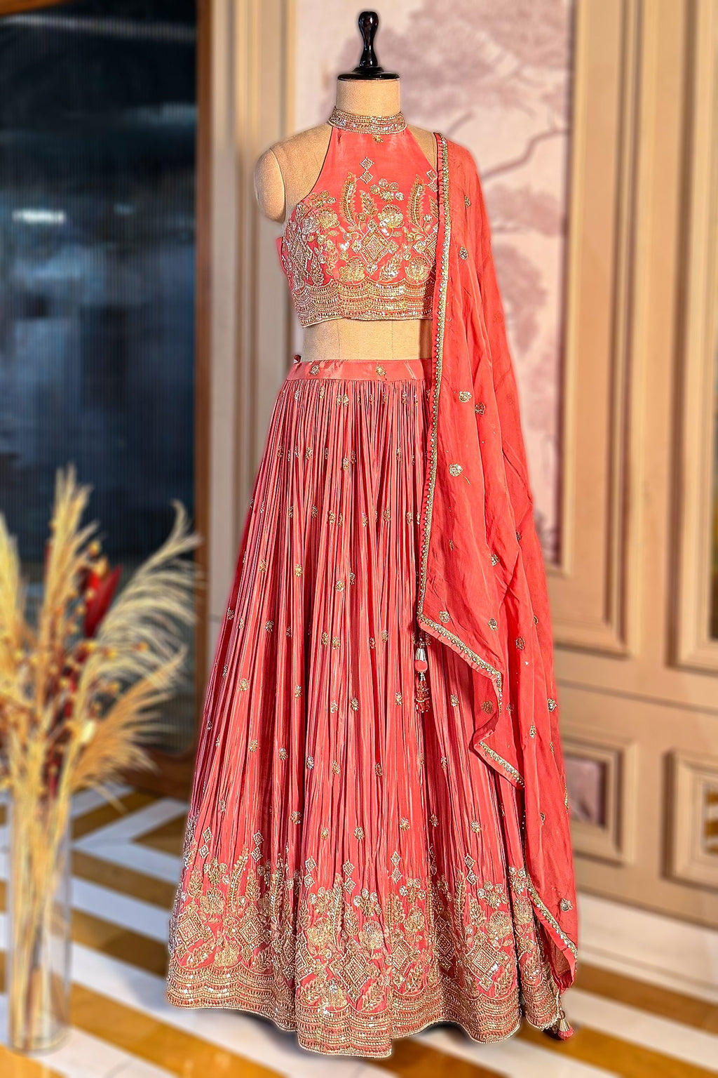 Pink Crepe Satin Silk Cutdana Beaded Halter Neck Lehenga