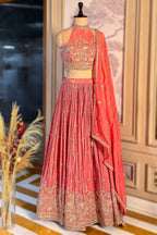 Pink Crepe Satin Silk Cutdana Beaded Halter Neck Lehenga