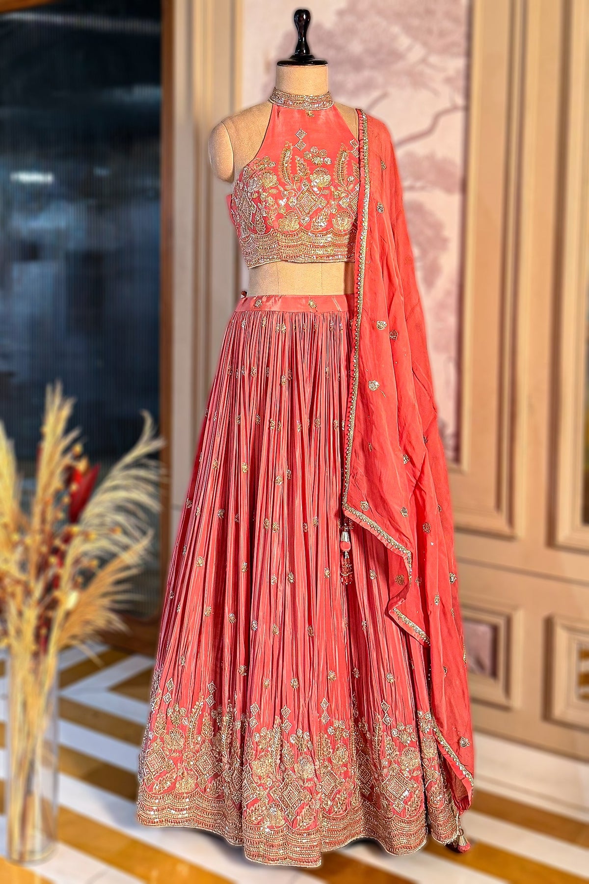 Pink Crepe Satin Silk Cutdana Beaded Halter Neck Lehenga