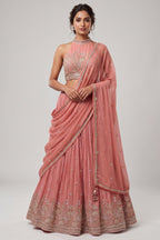 Pink Crepe Satin Silk Cutdana Beaded Halter Neck Lehenga