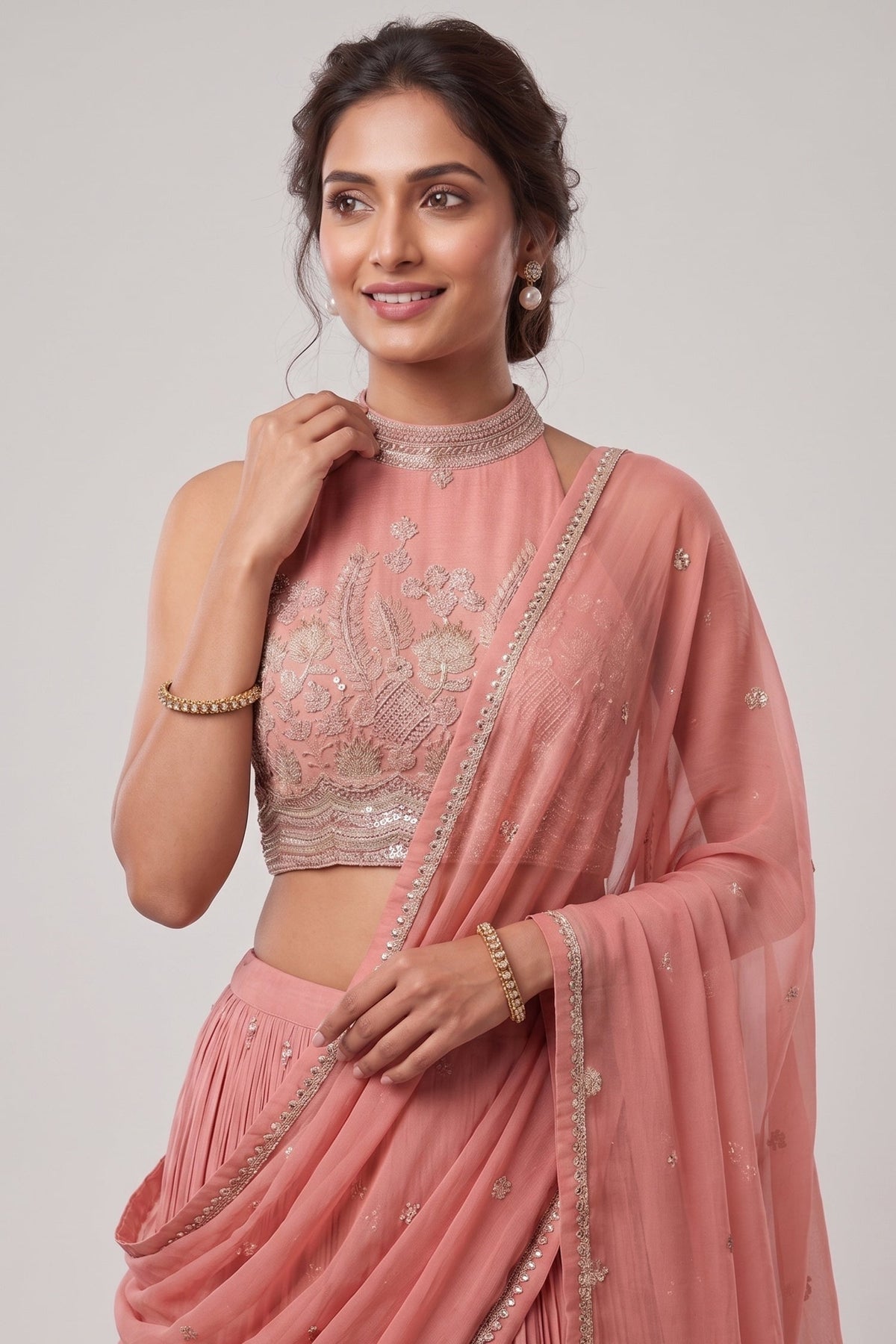 Pink Crepe Satin Silk Cutdana Beaded Halter Neck Lehenga