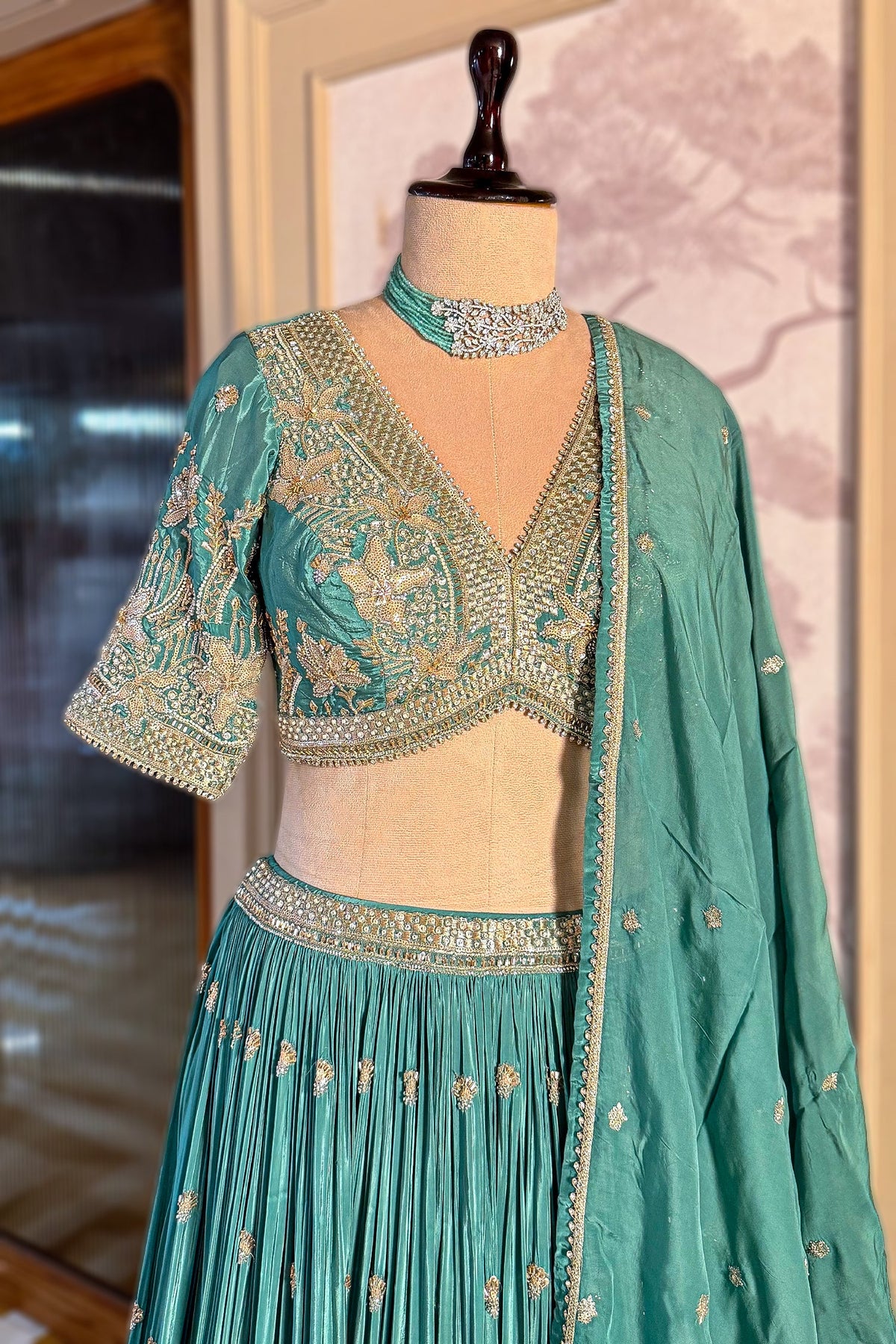 Sea Green Crepe Satin Silk Cutdana Beaded Halter Neck Lehenga