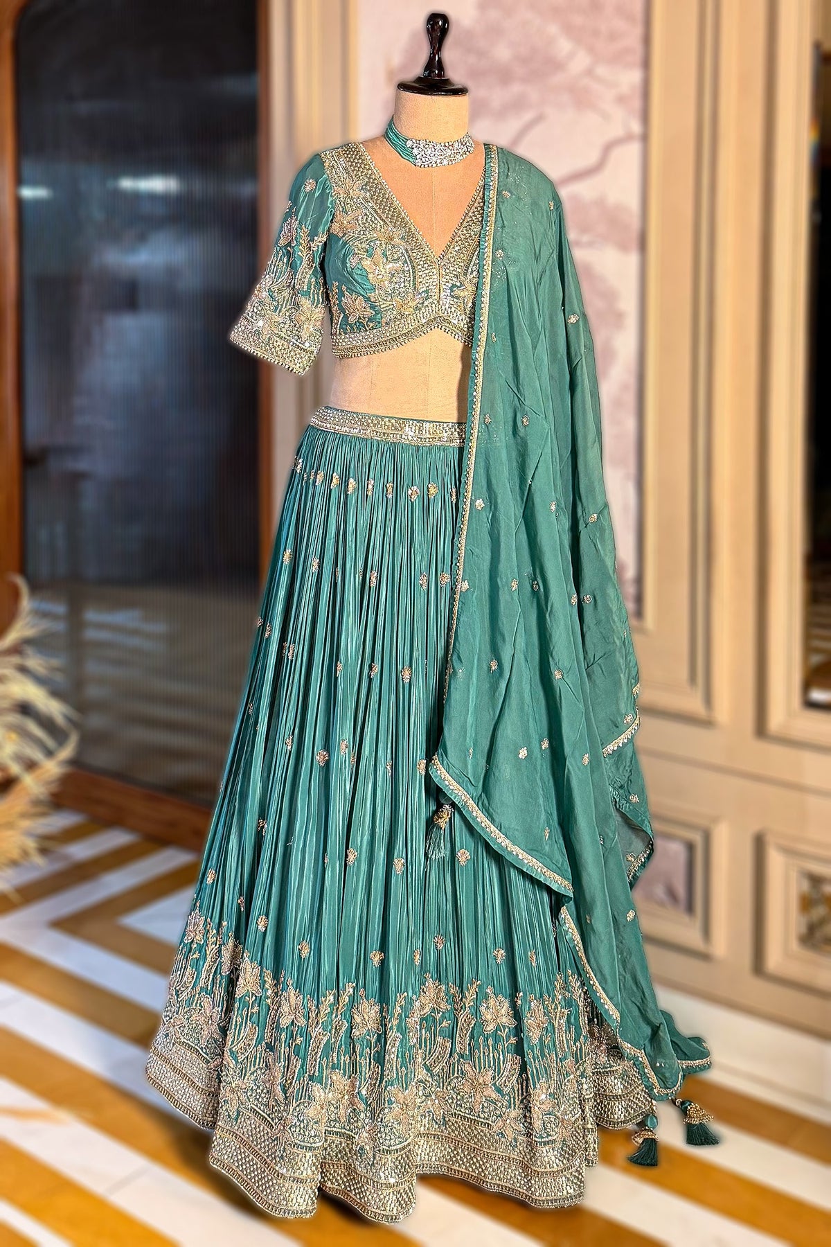 Sea Green Crepe Satin Silk Cutdana Beaded Halter Neck Lehenga