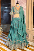 Sea Green Crepe Satin Silk Cutdana Beaded Halter Neck Lehenga