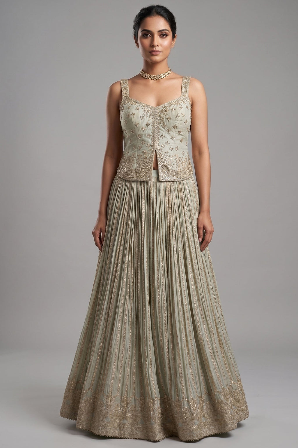 Cream Tissue Woven Pelated Lehenga with Mirror Work Blouse