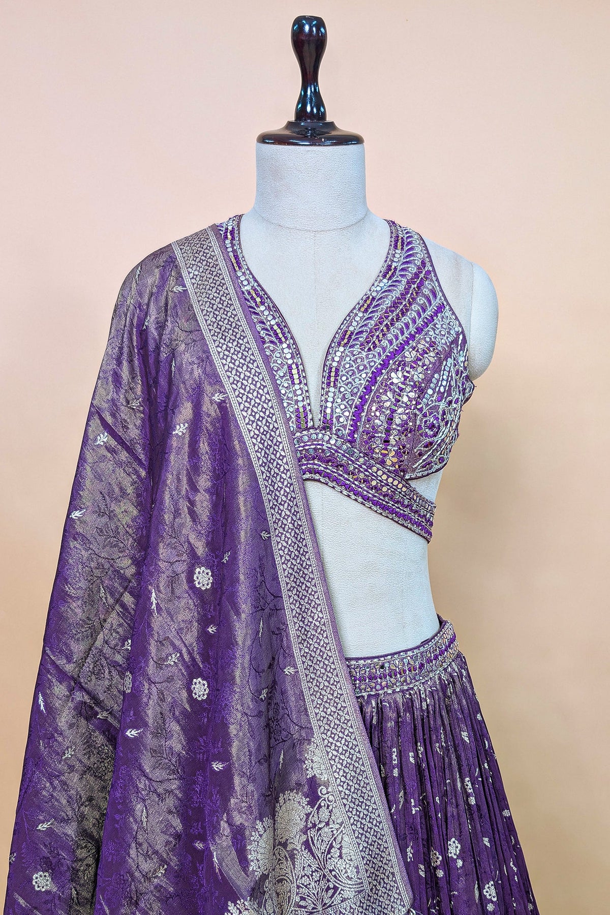 Purple Tissue Silk Woven Lehenga with Mirror Embroidered Cut Out Blouse