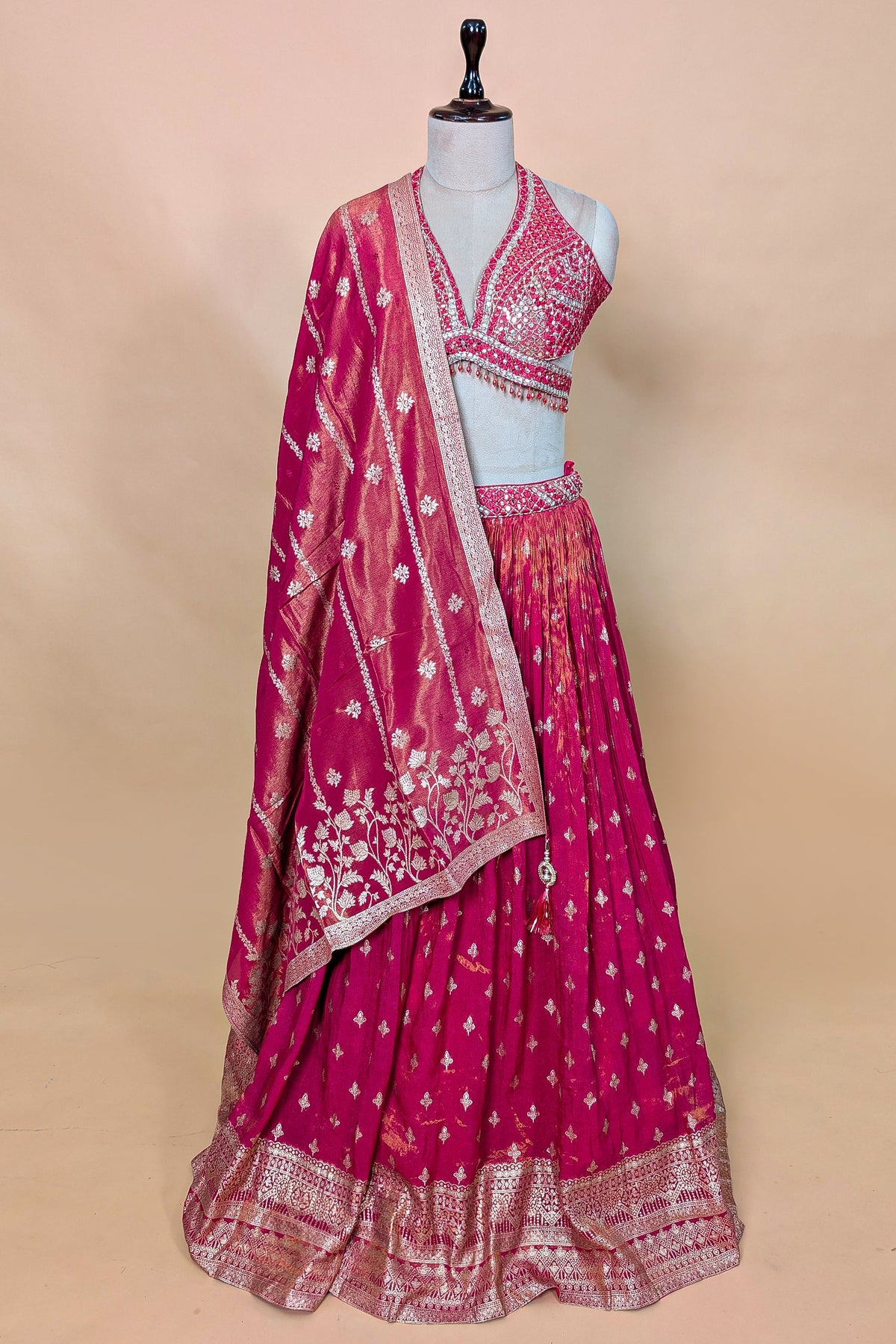 Pink Tissue Silk Woven Lehenga with Mirror Embroidered Cut Out Blouse