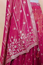 Pink Tissue Silk Woven Lehenga with Mirror Embroidered Cut Out Blouse