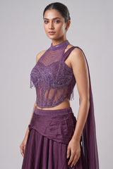 Wine Chinon Silk Draped Lehenga with Corset Blouse