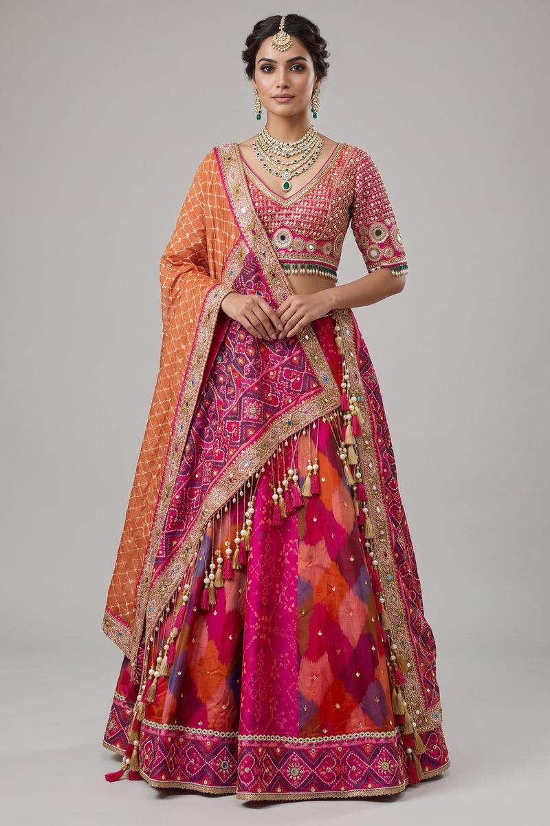 Multi Colored Silk Traditional Patola Lehenga with Handwork