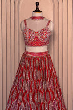 Maroon Crepe Silk Printed Cutdana and Sequin Worked Lehenga