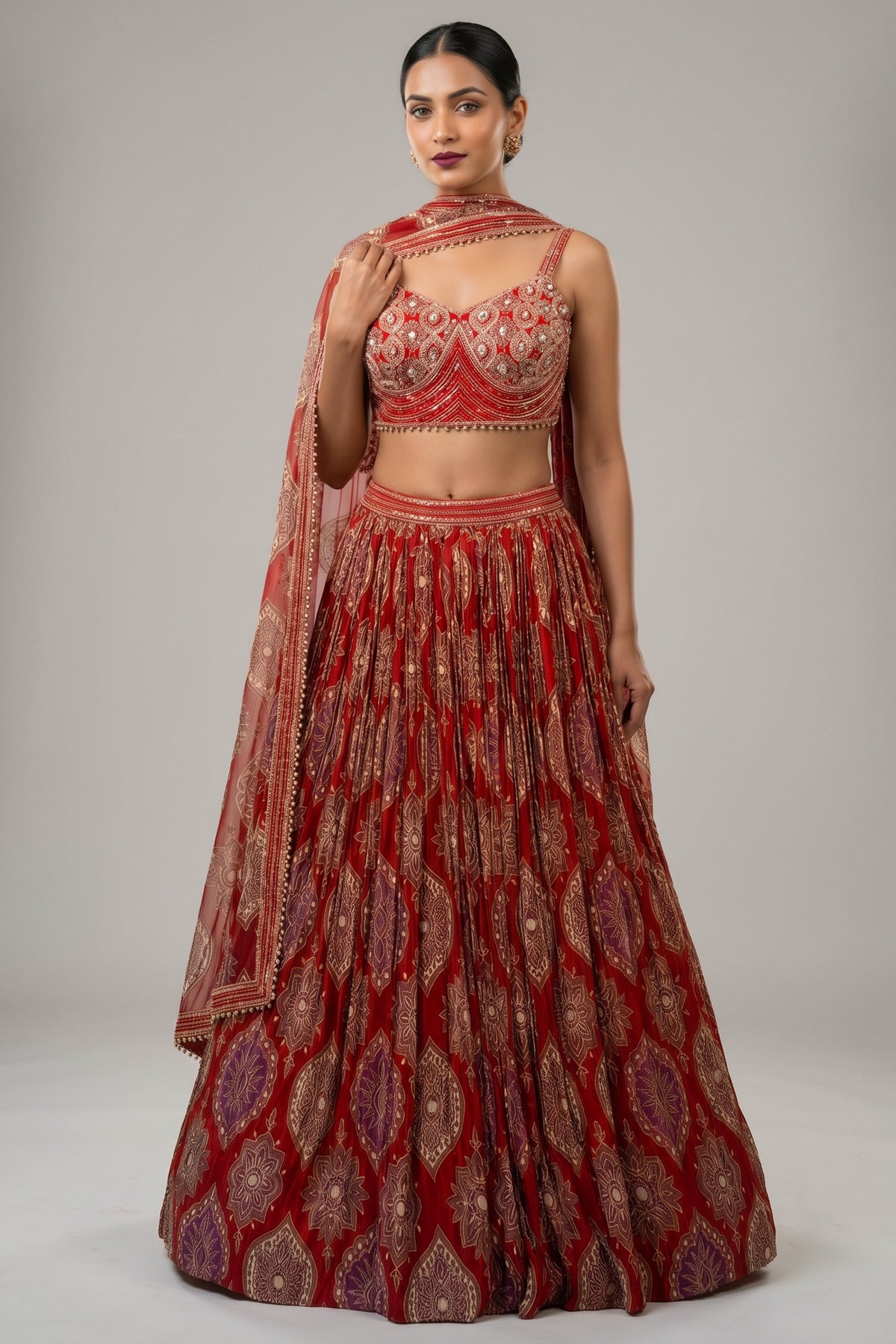 Maroon Crepe Silk Printed Cutdana and Sequin Worked Lehenga