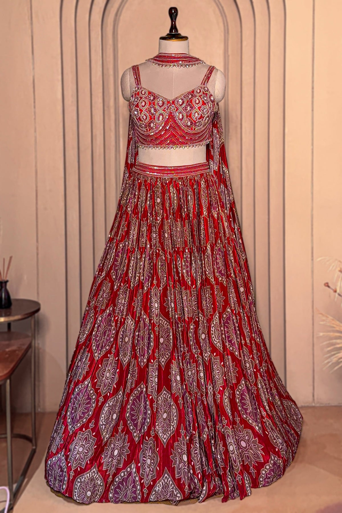 Maroon Crepe Silk Printed Cutdana and Sequin Worked Lehenga