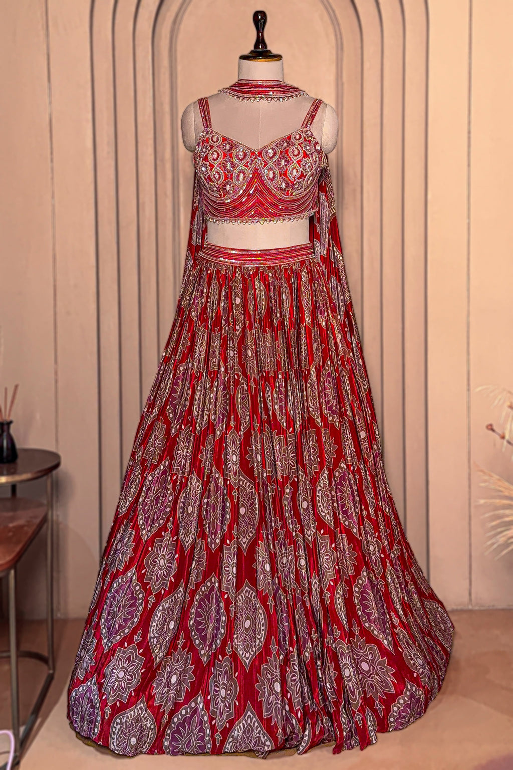 Maroon Crepe Silk Printed Cutdana and Sequin Worked Lehenga