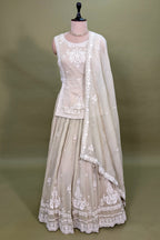 Beige Chiffon Silk Thread Embroidered and Beaded Chaniya Choli