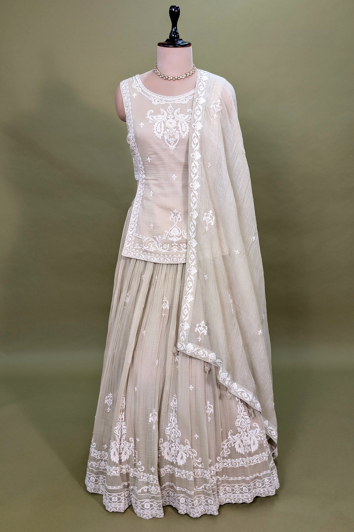 Beige Chiffon Silk Thread Embroidered and Beaded Chaniya Choli