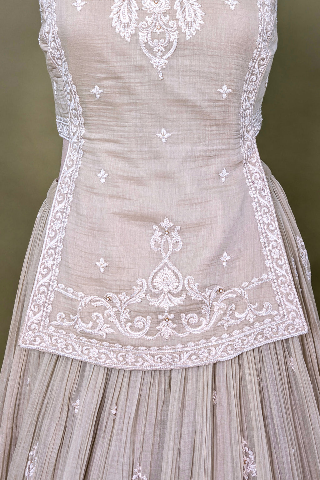 Beige Chiffon Silk Thread Embroidered and Beaded Chaniya Choli