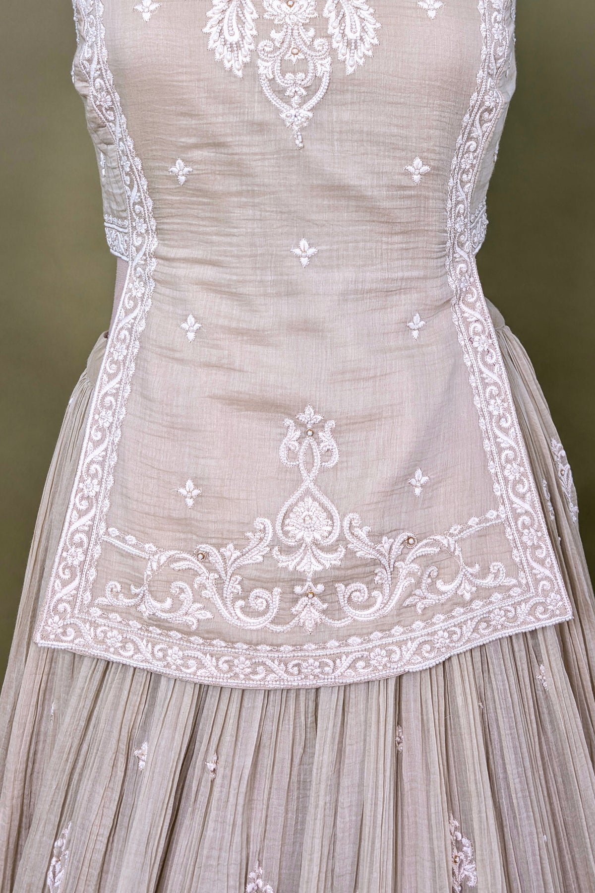 Beige Chiffon Silk Thread Embroidered and Beaded Chaniya Choli