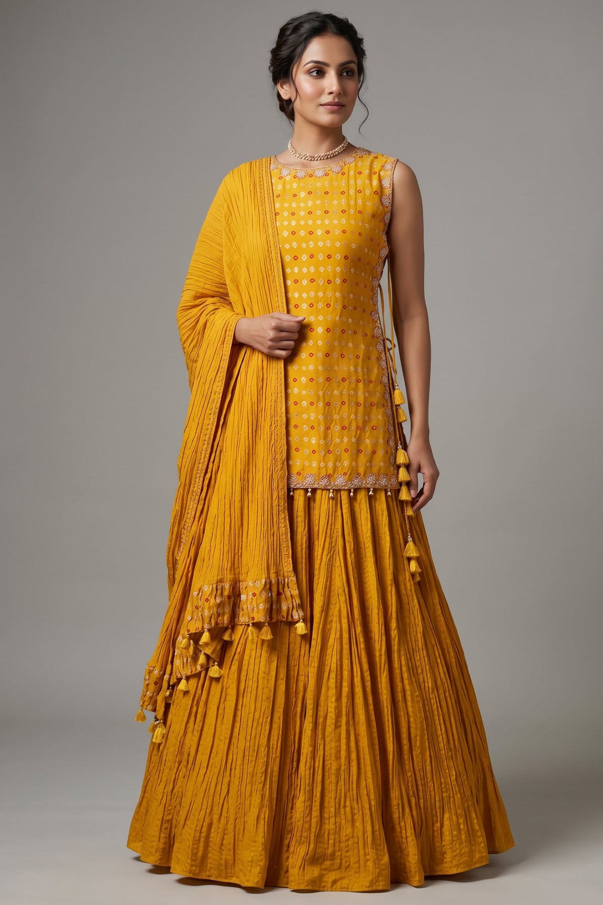 Yellow Chiffon Silk Lehenga with Bandhej Long Top