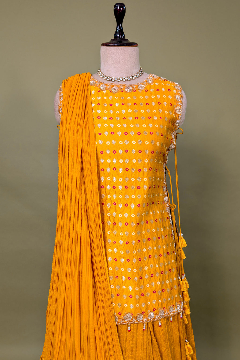 Yellow Chiffon Silk Lehenga with Bandhej Long Top