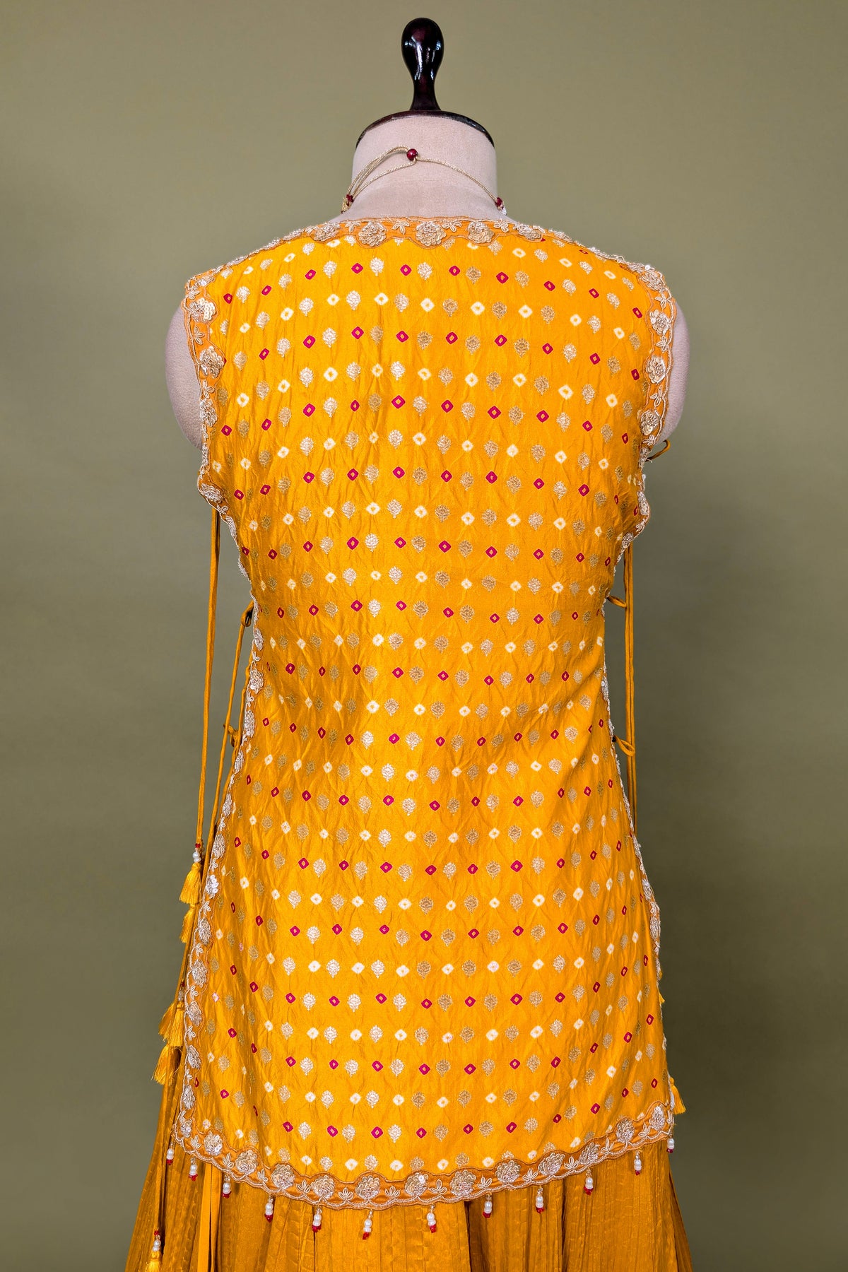 Yellow Chiffon Silk Lehenga with Bandhej Long Top