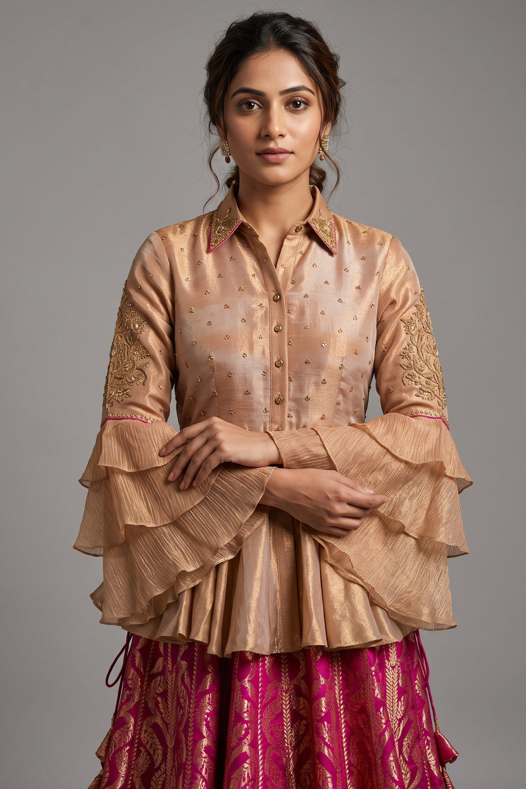 Rani Pink Banarasi Silk Woven Peplum Lehenga Set