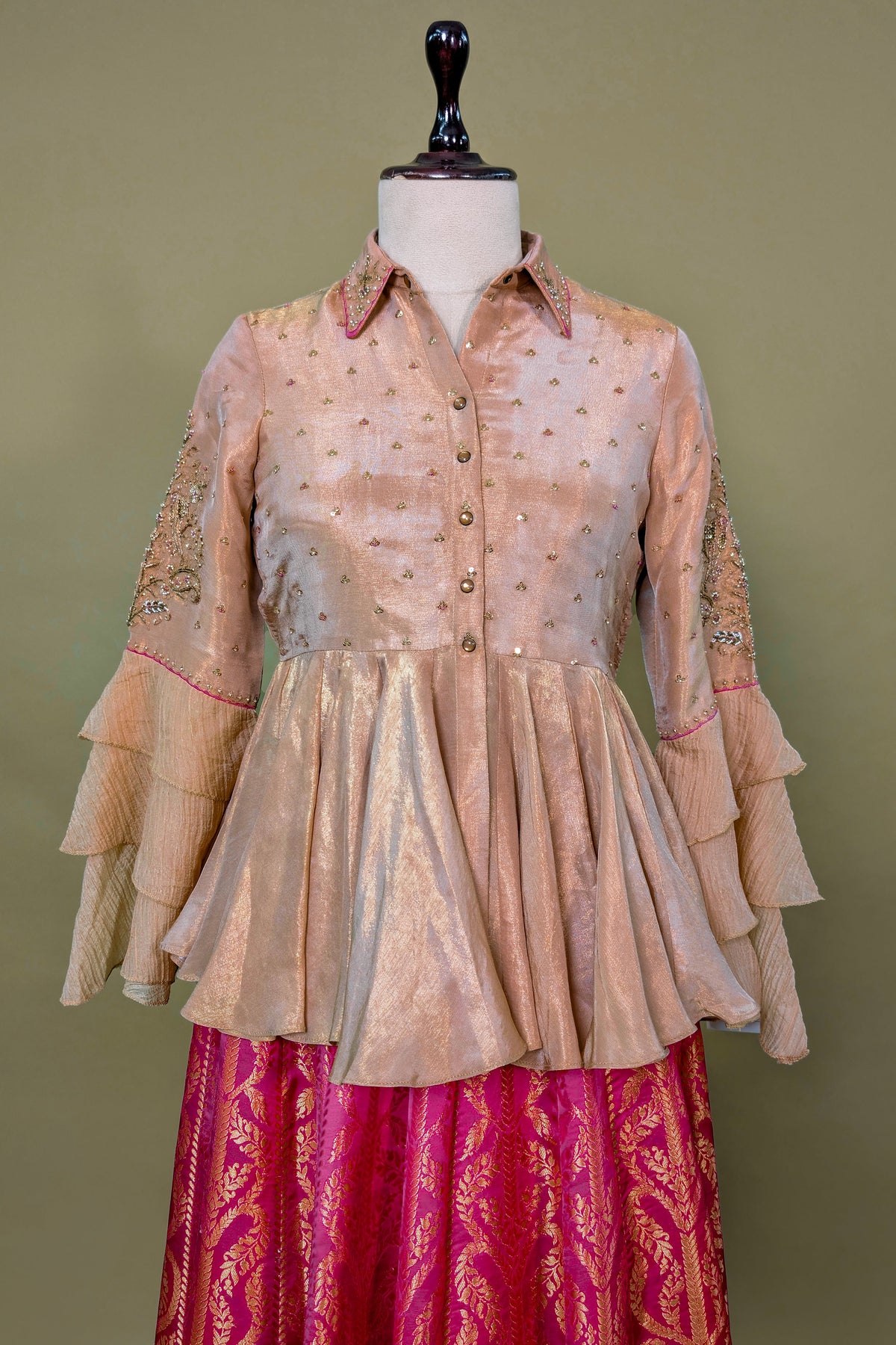 Rani Pink Banarasi Silk Woven Peplum Lehenga Set
