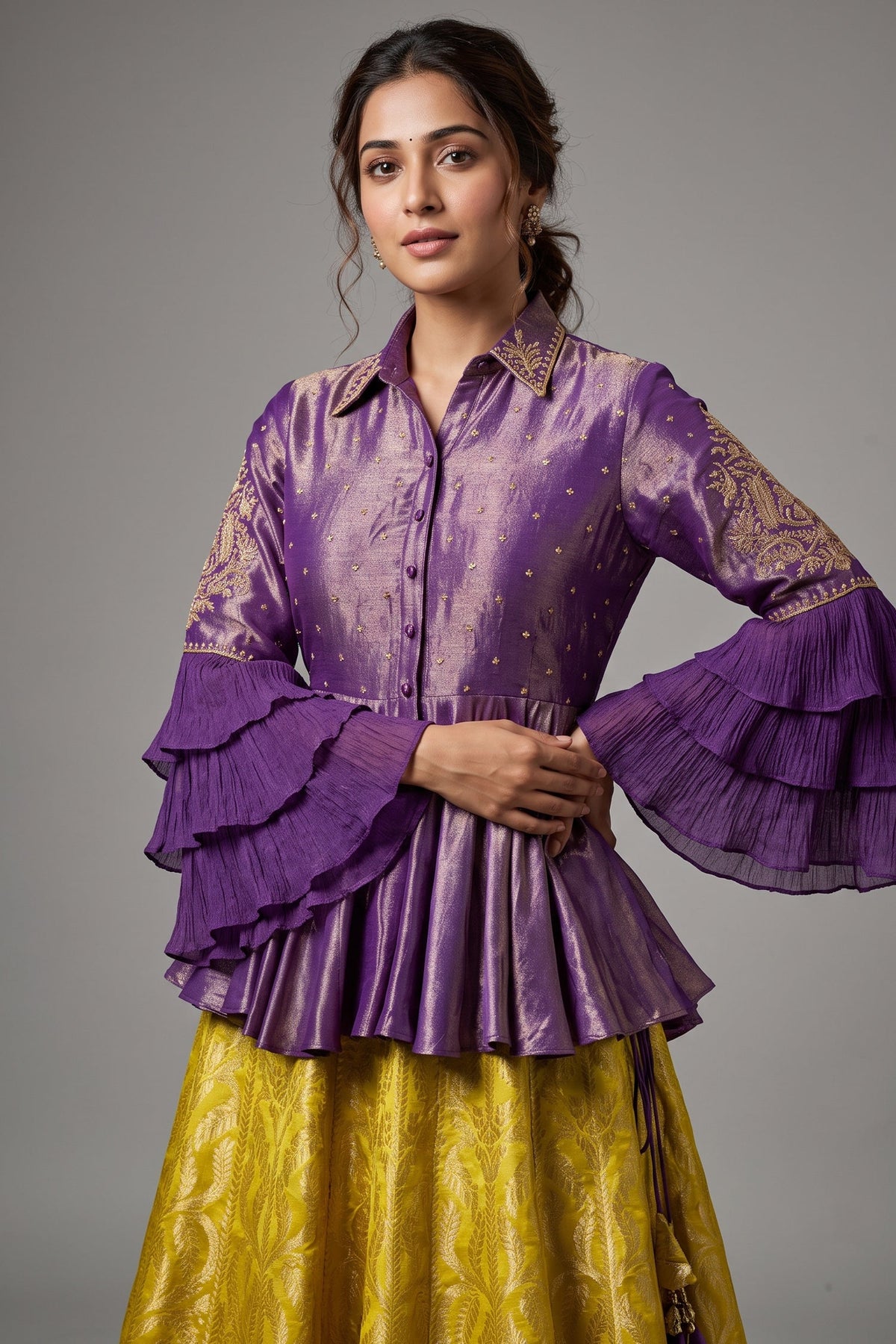 Lemon Yellow Banarasi Silk Woven Peplum Lehenga Set