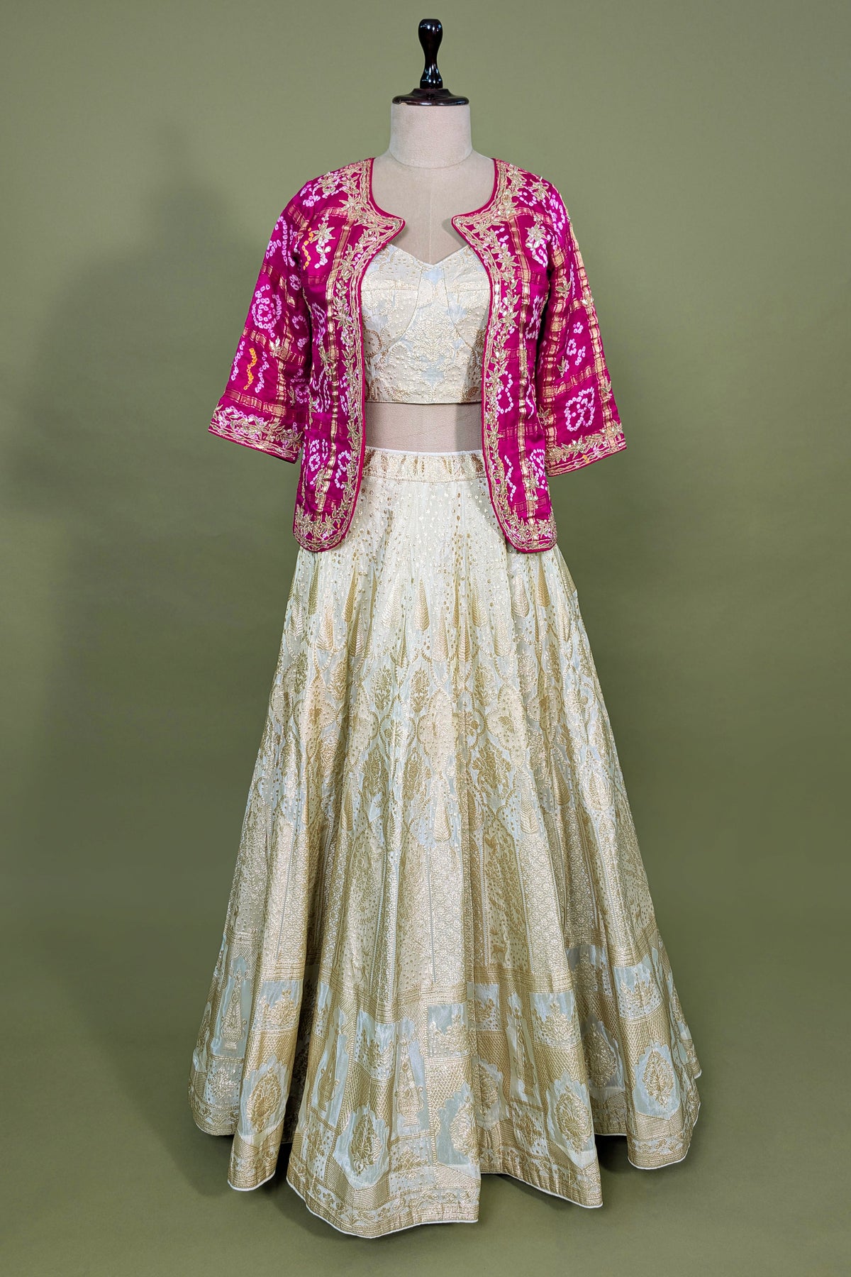 Beige Tissue Woven Crop Top Lehenga with Bandhej Jacket