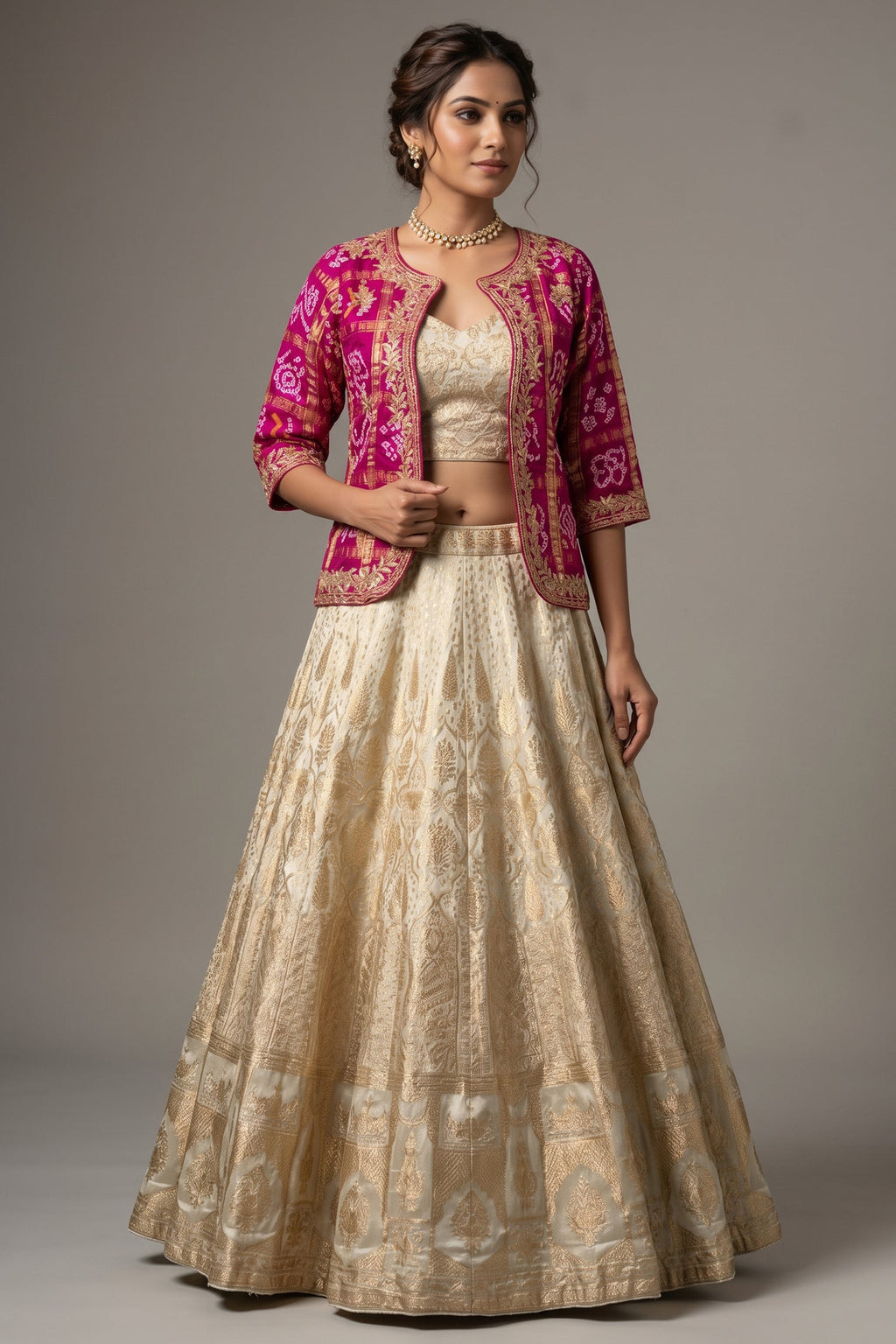 Beige Tissue Woven Crop Top Lehenga with Bandhej Jacket