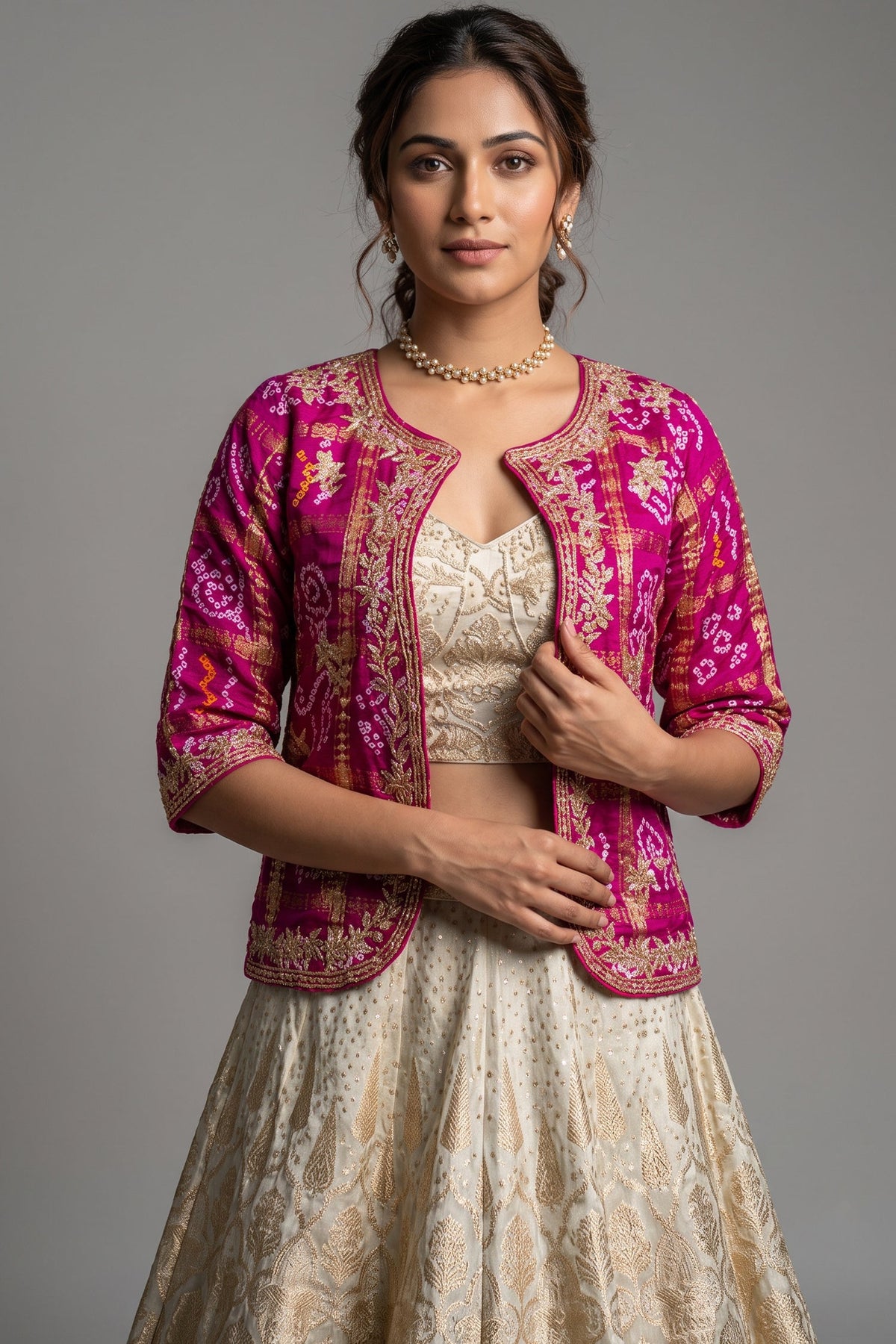 Beige Tissue Woven Crop Top Lehenga with Bandhej Jacket