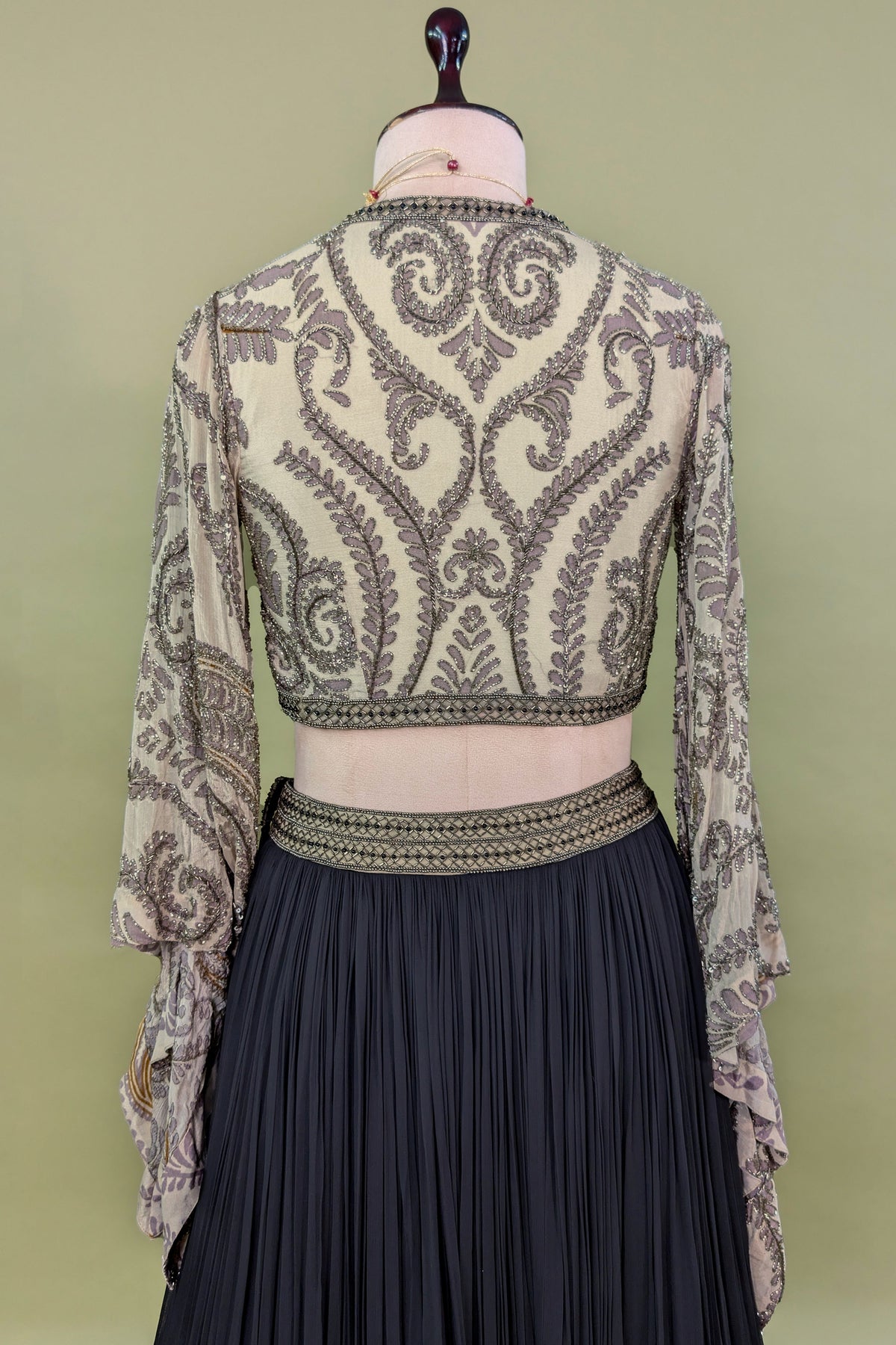 Black Georgette Pleated Flared Lehenga with Cutdana Sequin Worked Crop Top
