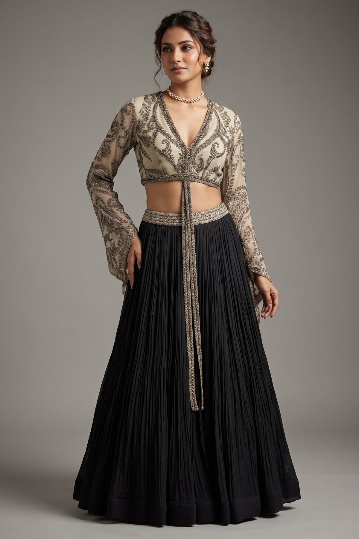 Black Georgette Pleated Flared Lehenga with Cutdana Sequin Worked Crop Top