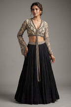 Black Georgette Pleated Flared Lehenga with Cutdana Sequin Worked Crop Top